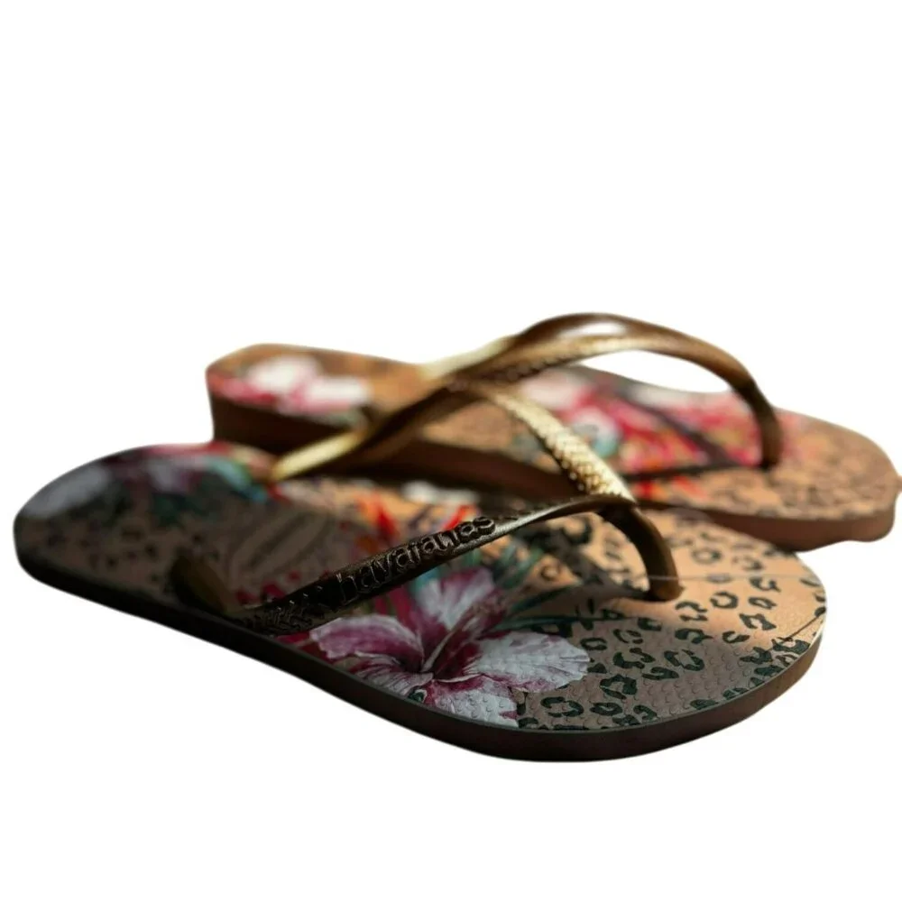 Havaianas Girls Floral Leopard Print Flip Flops Bronze Straps Size 2Y Kids